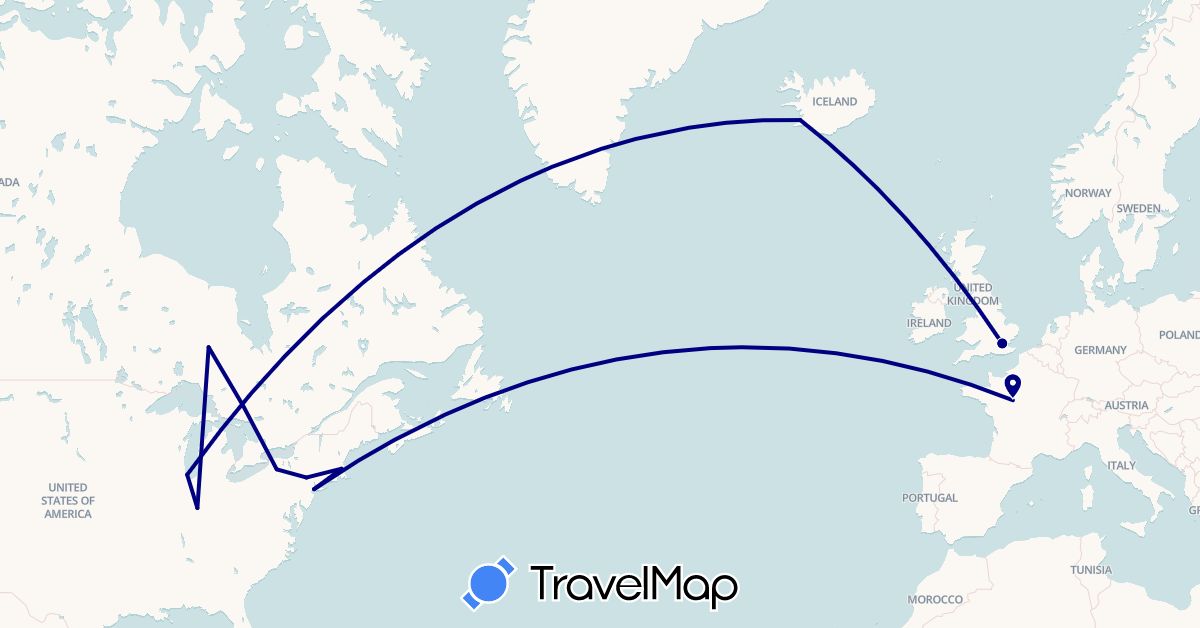 TravelMap itinerary: driving in Canada, France, United Kingdom, Iceland, United States (Europe, North America)